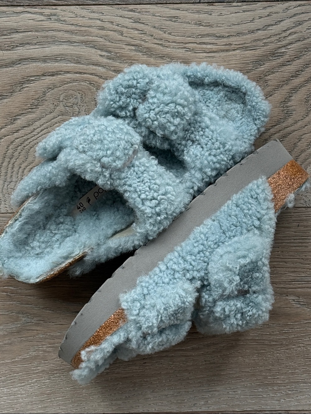 Papillio Birkenstock Arizona Big Buckle Blue Shearling Platform Slide Sandal-40 - Picture 6 of 13